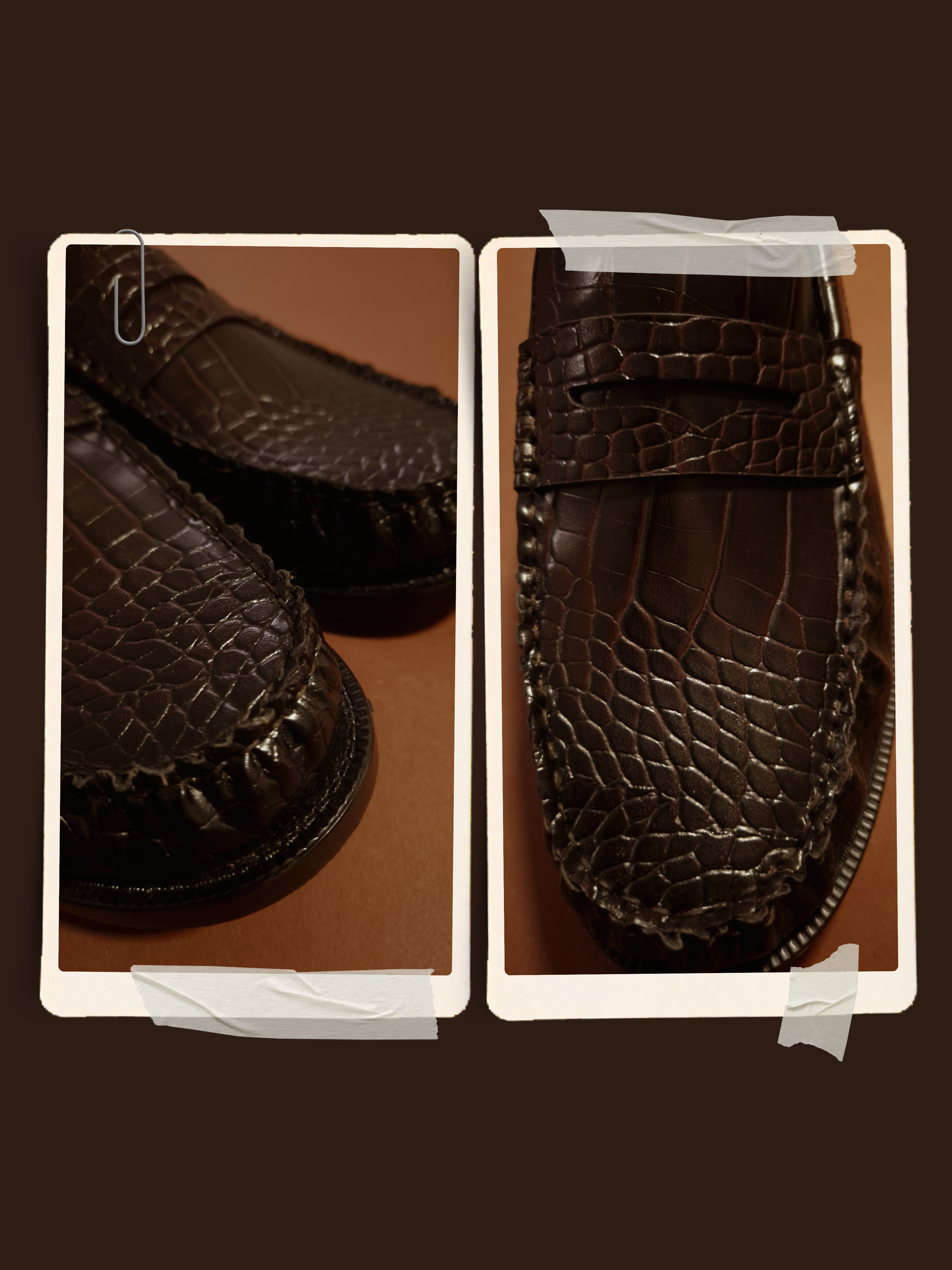 Collage of close-up leather loafer textures presented as taped polaroid-style images on a brown background.