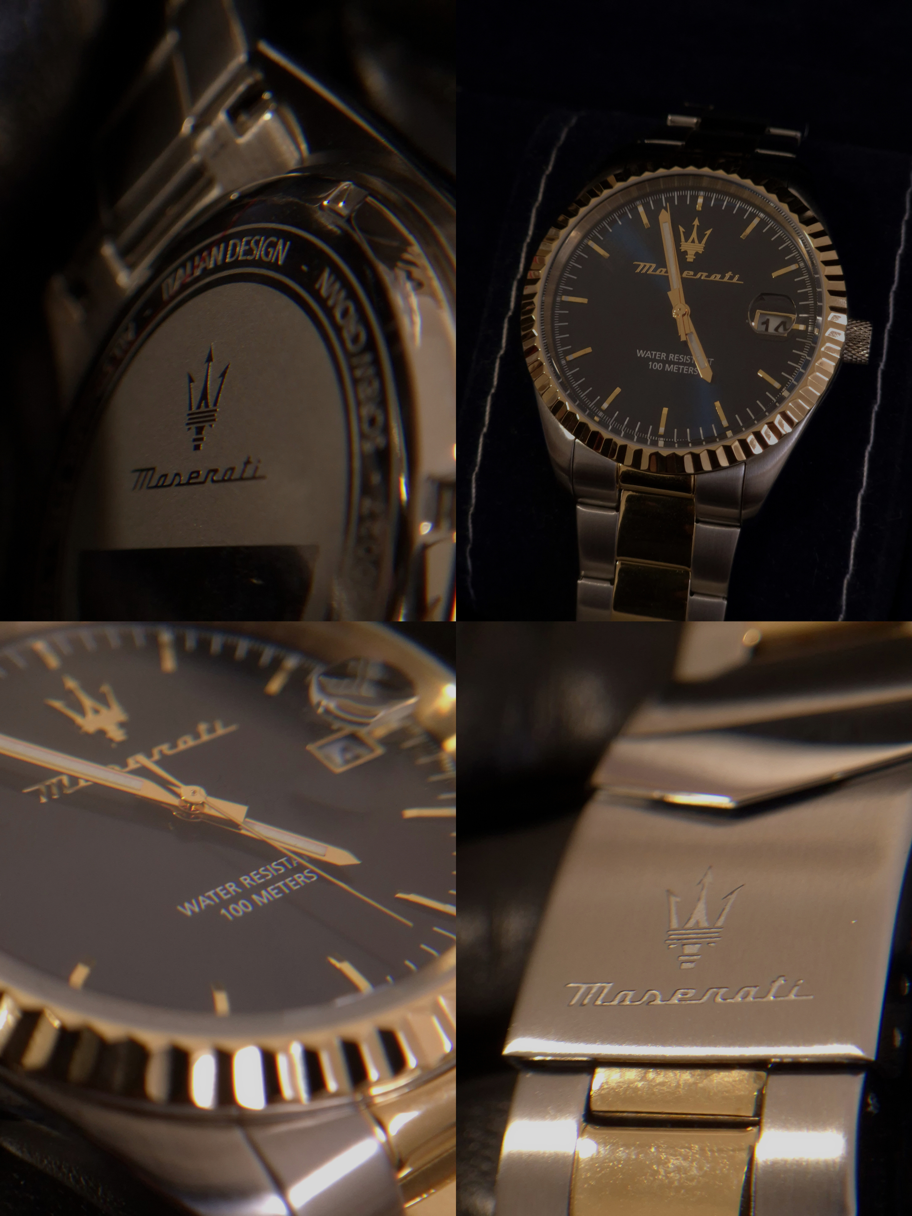 Four-panel collage showing detailed angles of a silver and gold Maserati wristwatch, including the dial, case back and bracelet.