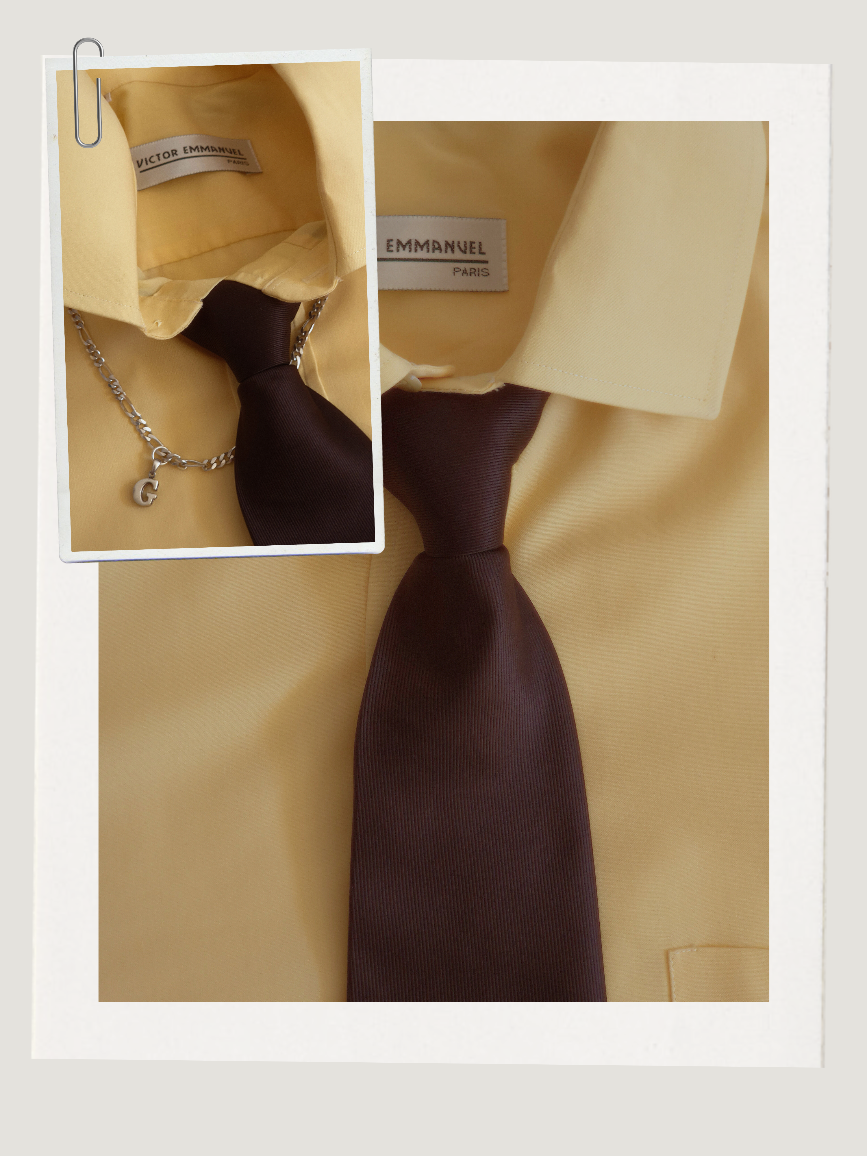 Detail collage of a yellow shirt and brown tie, with a silver necklace and label close-up.