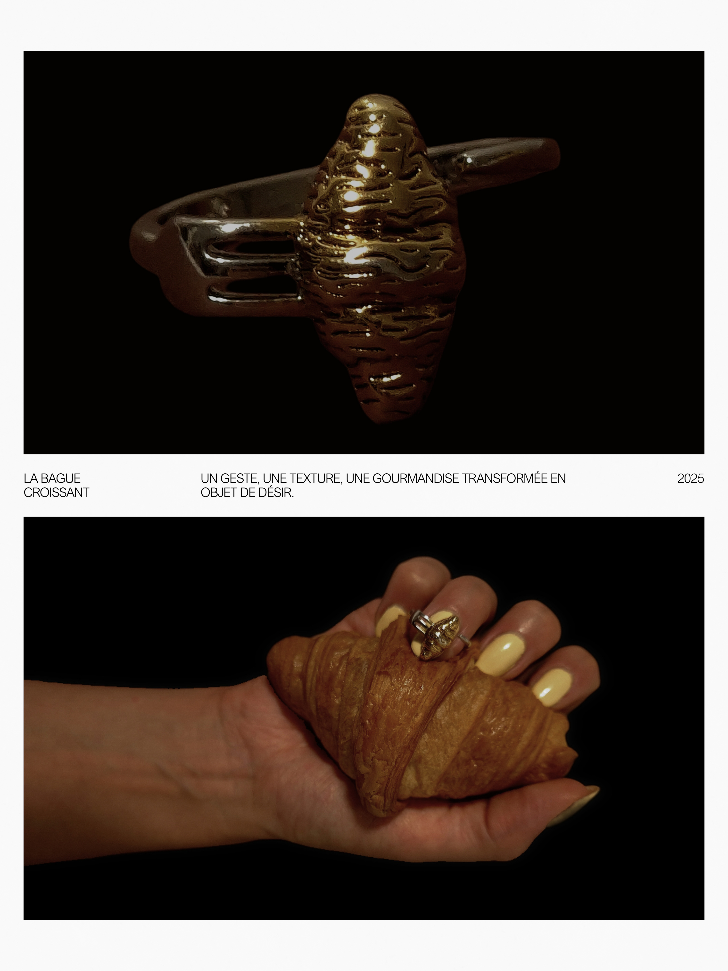 A golden croissant-shaped ring shown in a close-up and worn on a hand holding a croissant, both photographed against a dark background.