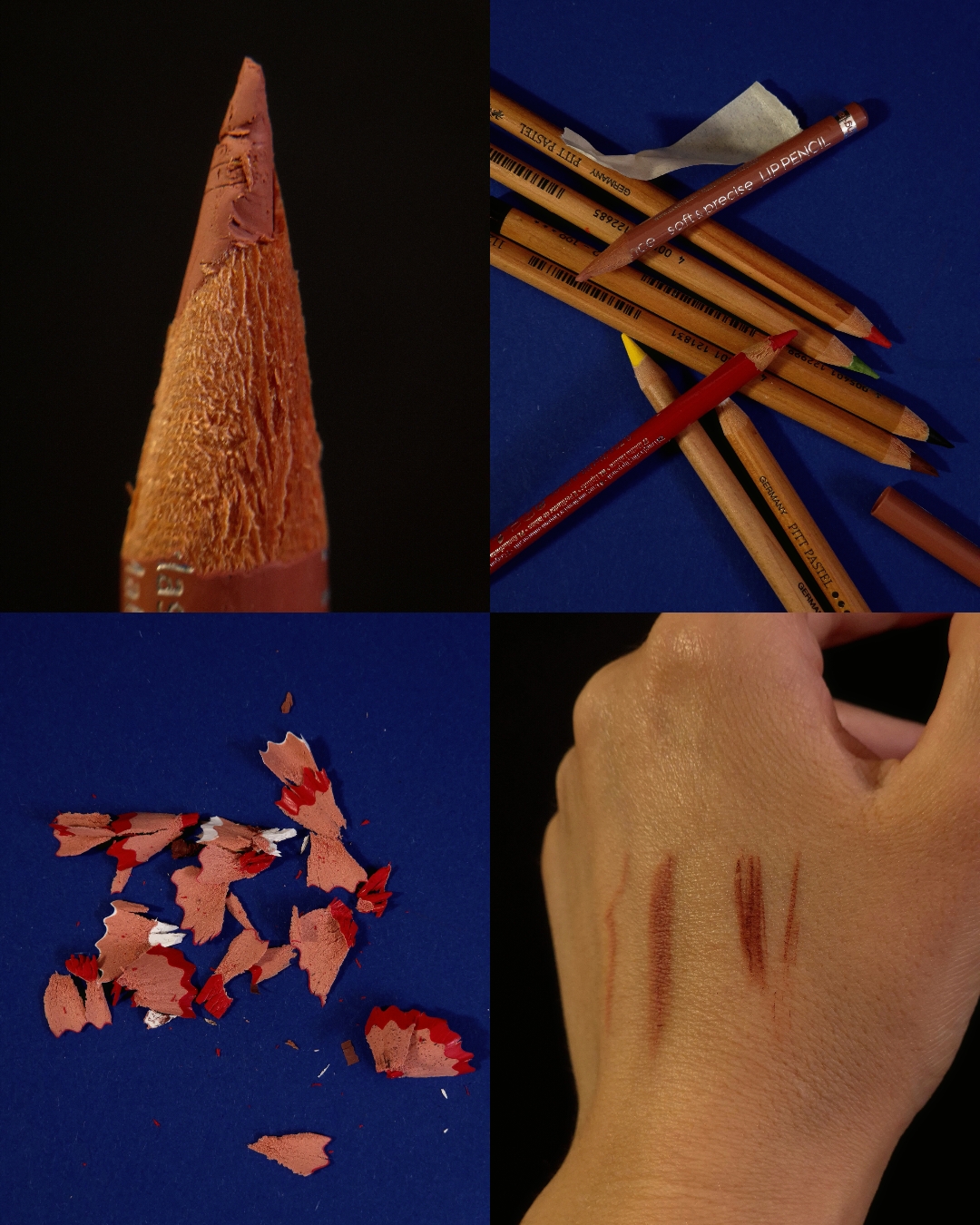 Collage of cosmetic pencils, shavings, and hand swatches on a blue background.